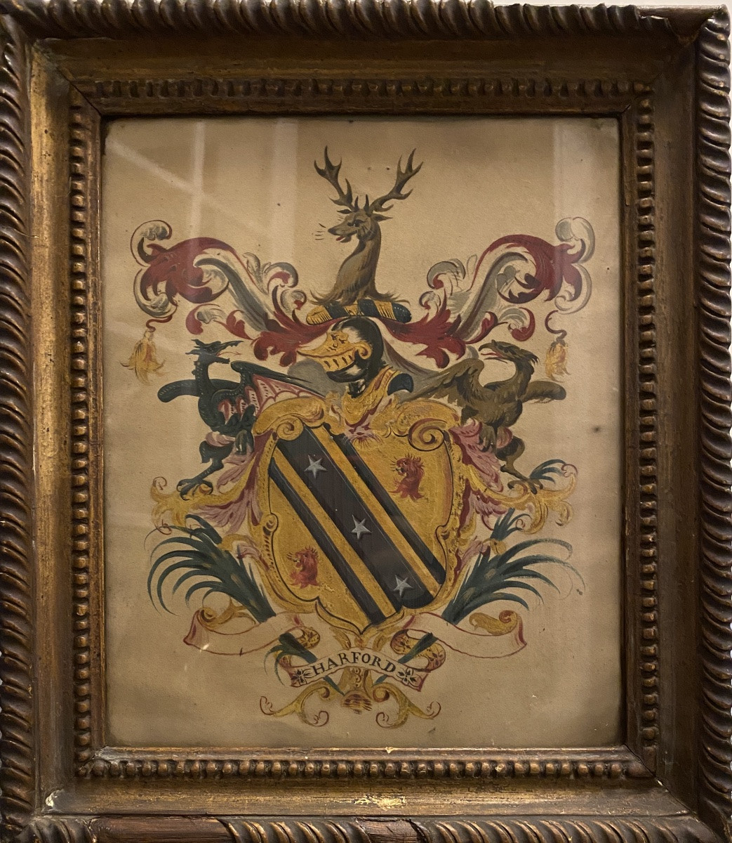 Coat Of Arms/blazon. Harford. Gouache With Gold Highlights On Paper, 19th Century. Framed Wooden Support.-photo-2