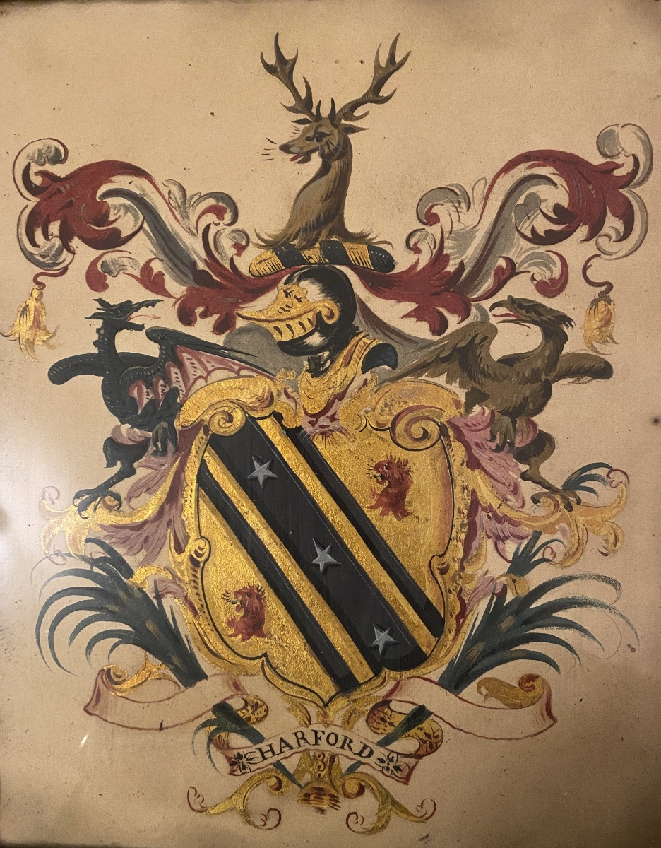 Coat Of Arms/blazon. Harford. Gouache With Gold Highlights On Paper, 19th Century. Framed Wooden Support.-photo-3