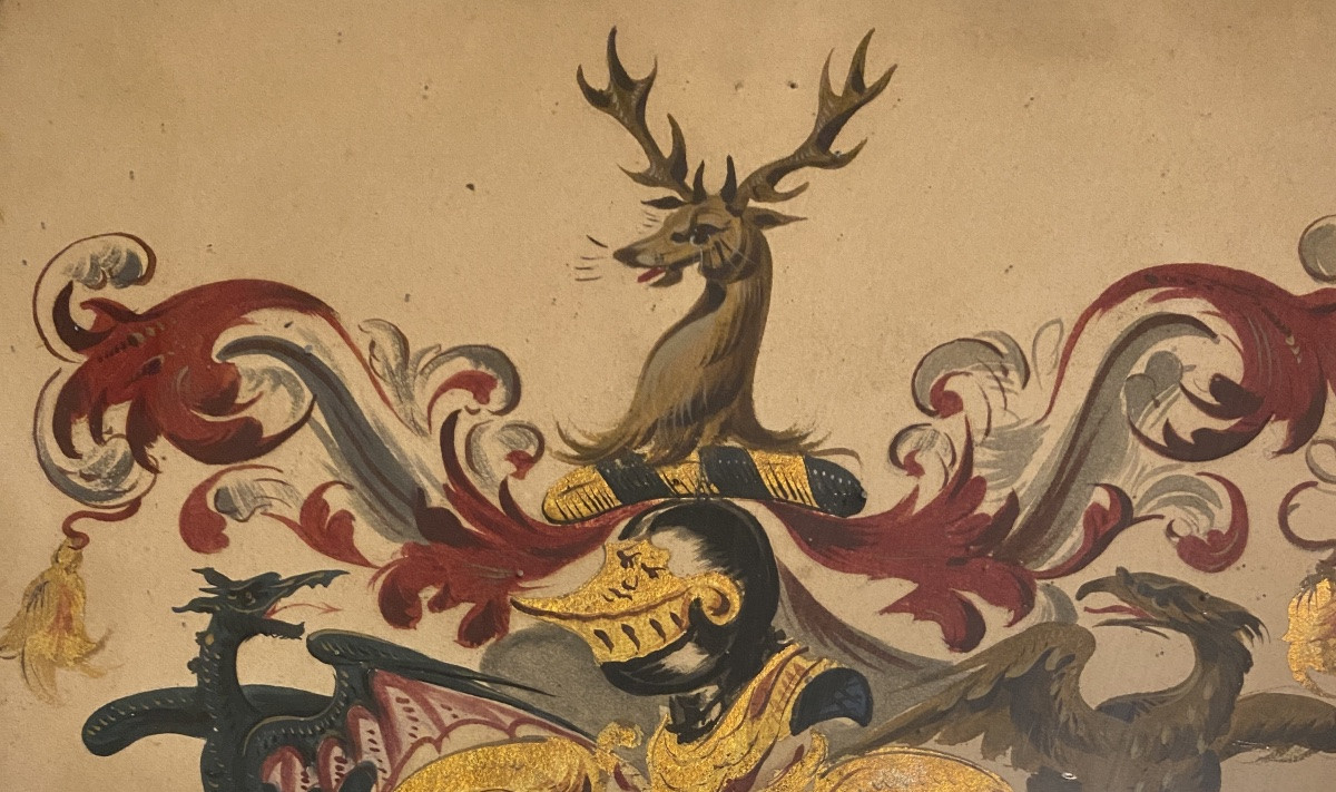 Coat Of Arms/blazon. Harford. Gouache With Gold Highlights On Paper, 19th Century. Framed Wooden Support.-photo-4
