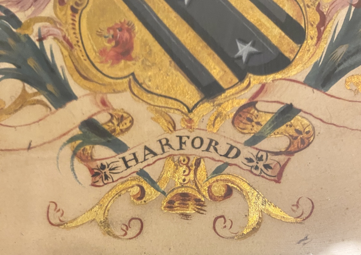 Coat Of Arms/blazon. Harford. Gouache With Gold Highlights On Paper, 19th Century. Framed Wooden Support.-photo-2