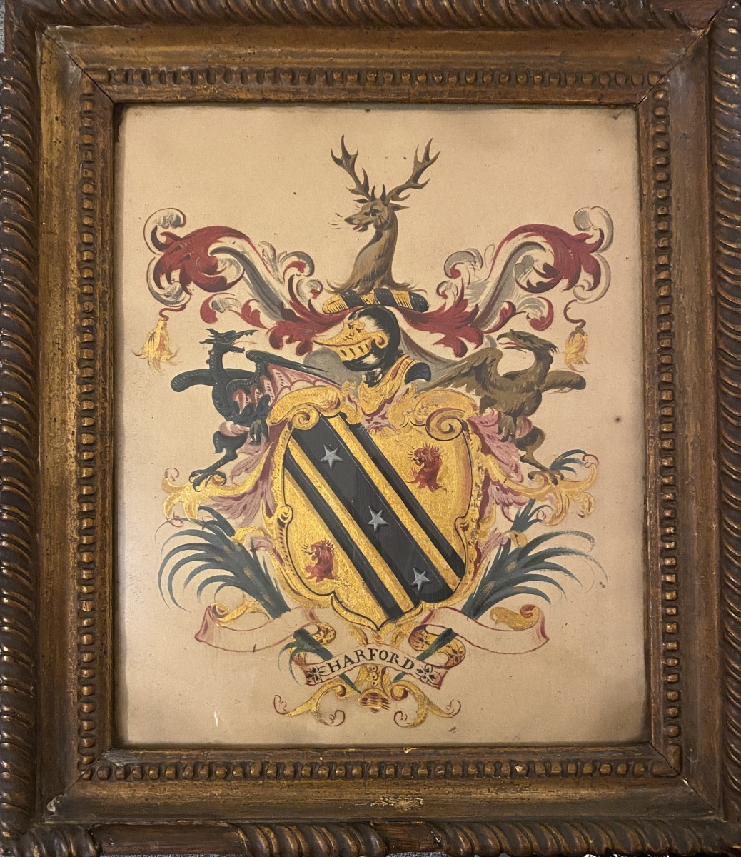 Coat Of Arms/blazon. Harford. Gouache With Gold Highlights On Paper, 19th Century. Framed Wooden Support.