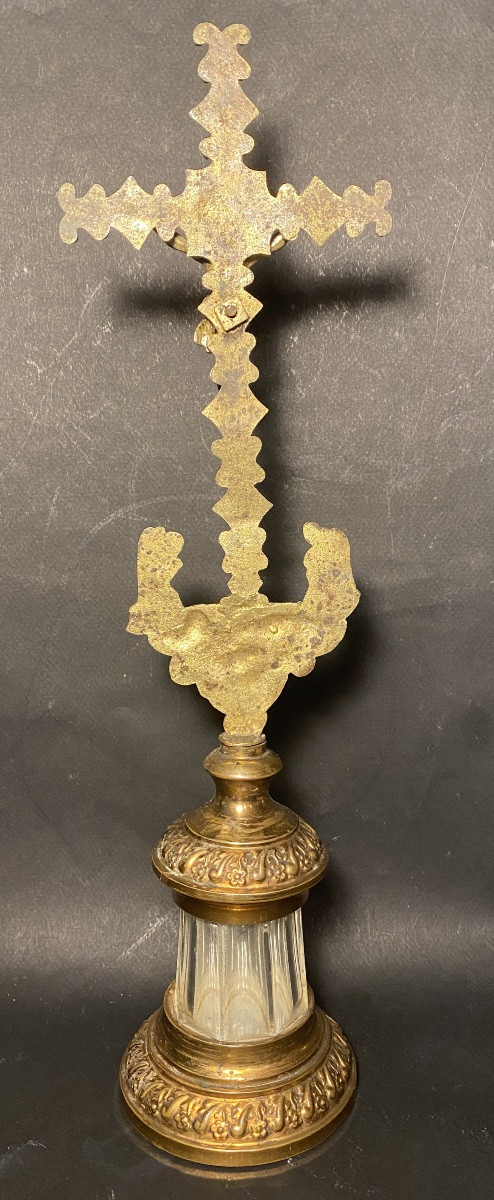 19th Crucifix Monstrance Or Reliquary. Bronze, Brass And Crystal. -photo-2