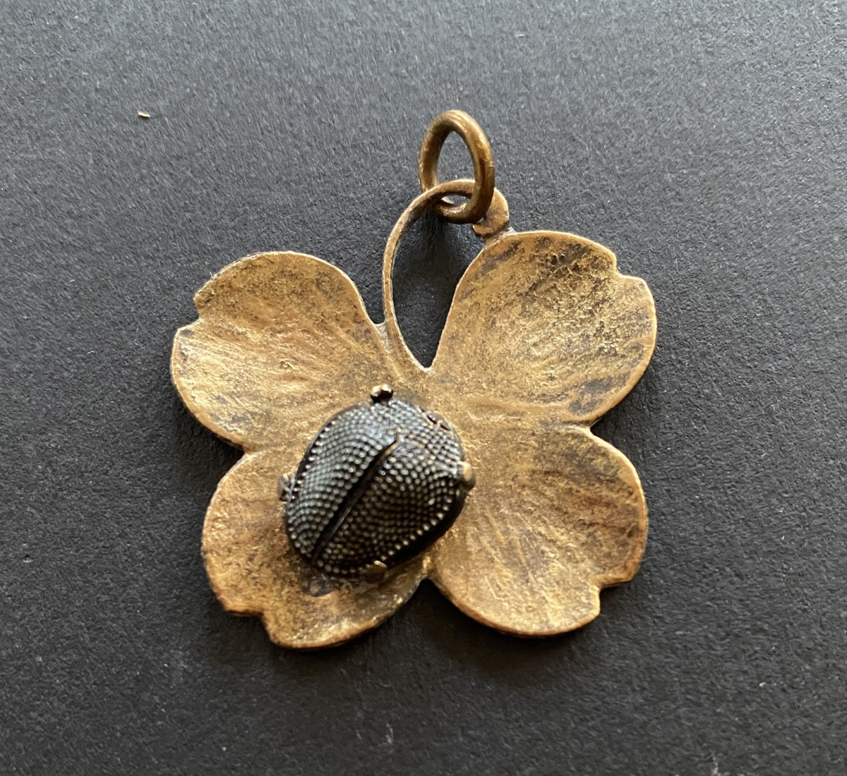 Art Nouveau Pendant. Four-leaf Clover And Scarab Beetle. -photo-2