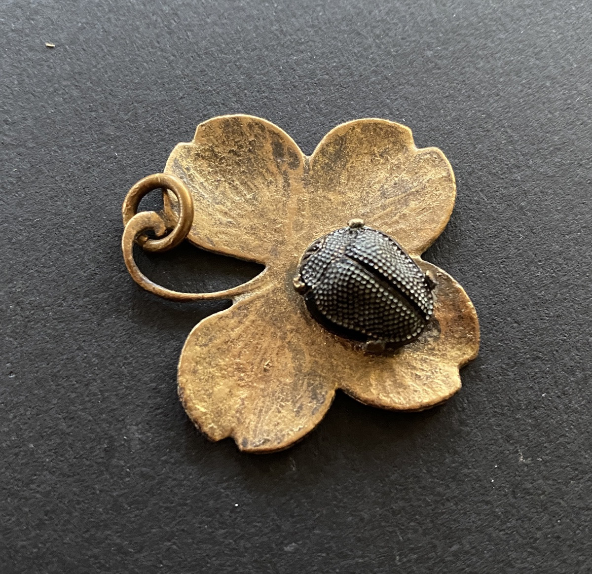 Art Nouveau Pendant. Four-leaf Clover And Scarab Beetle. -photo-3