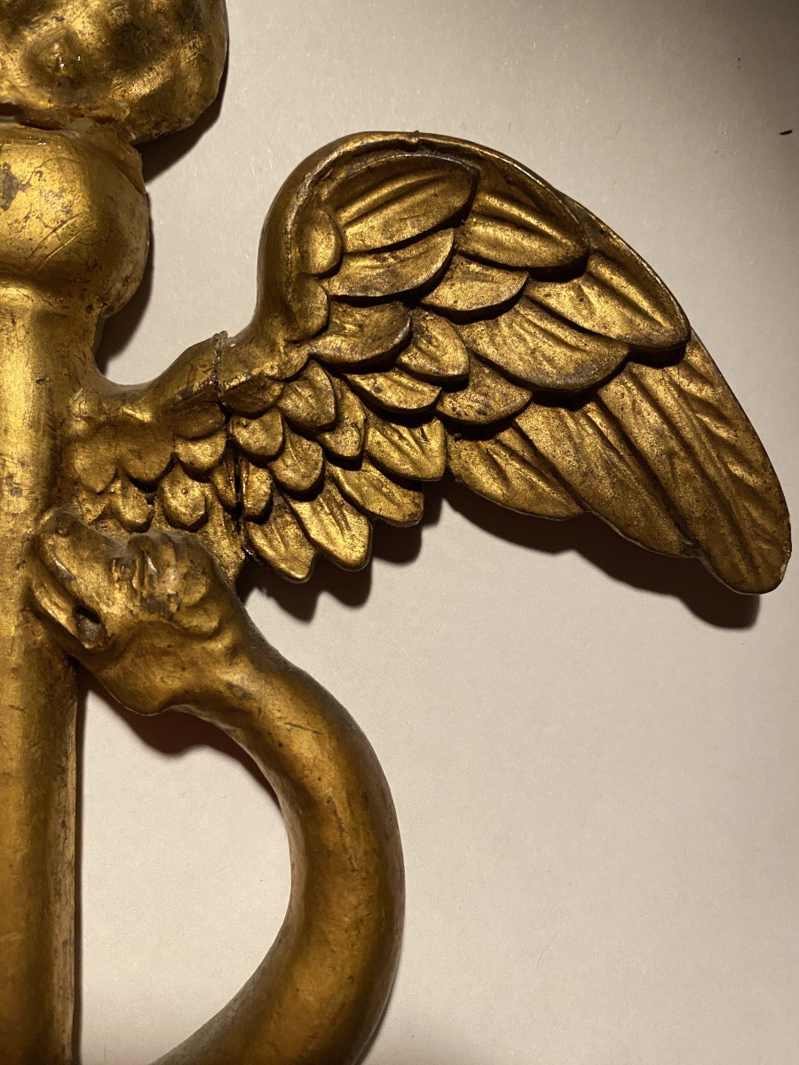 Caducée en bois sculpté et doré début XIXème. -photo-4