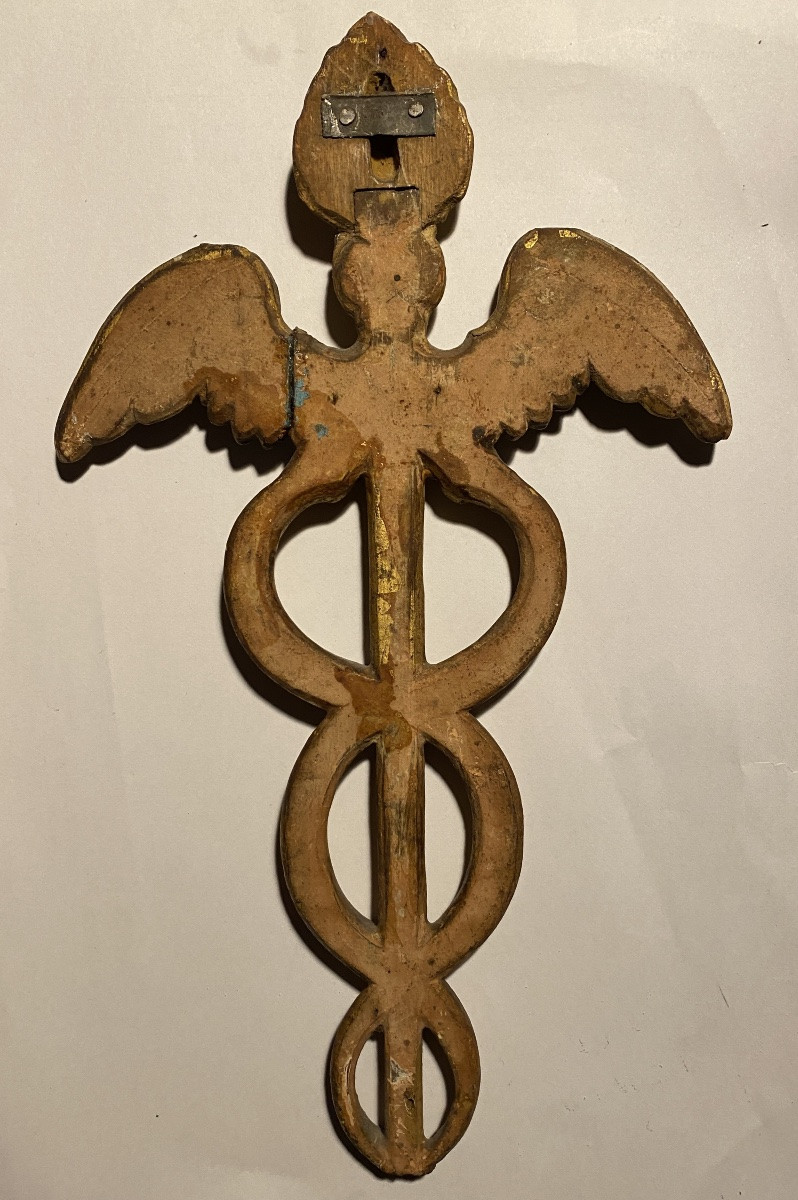 Caducée en bois sculpté et doré début XIXème. -photo-1