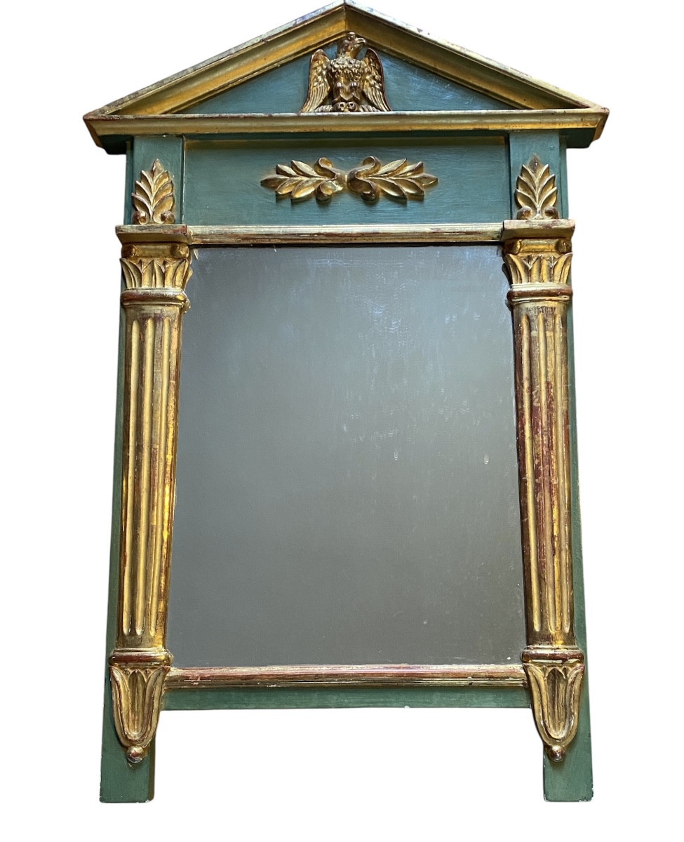 Empire Style Mirror. Mid-20th . Carved And Gilded Wood. Columns, Laurel, Imperial Eagle. 