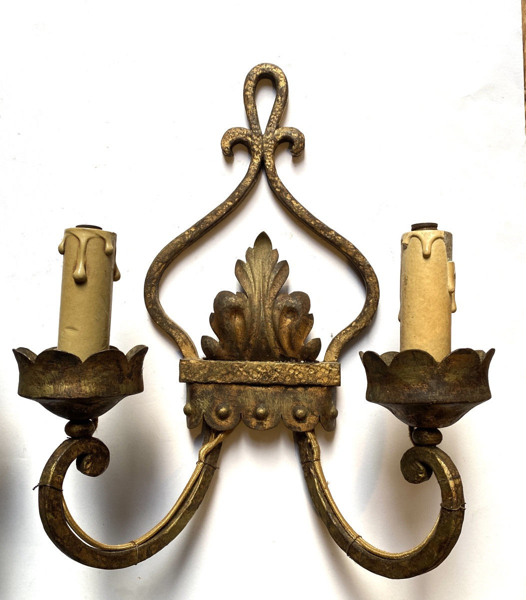 Pair Of Wrought Iron And Gilt Wall Lights, Mid-20th Century. -photo-2