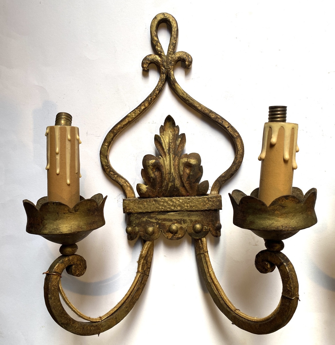 Pair Of Wrought Iron And Gilt Wall Lights, Mid-20th Century. -photo-3