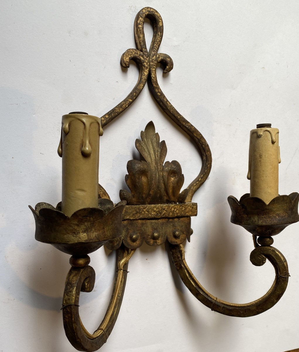 Pair Of Wrought Iron And Gilt Wall Lights, Mid-20th Century. -photo-4