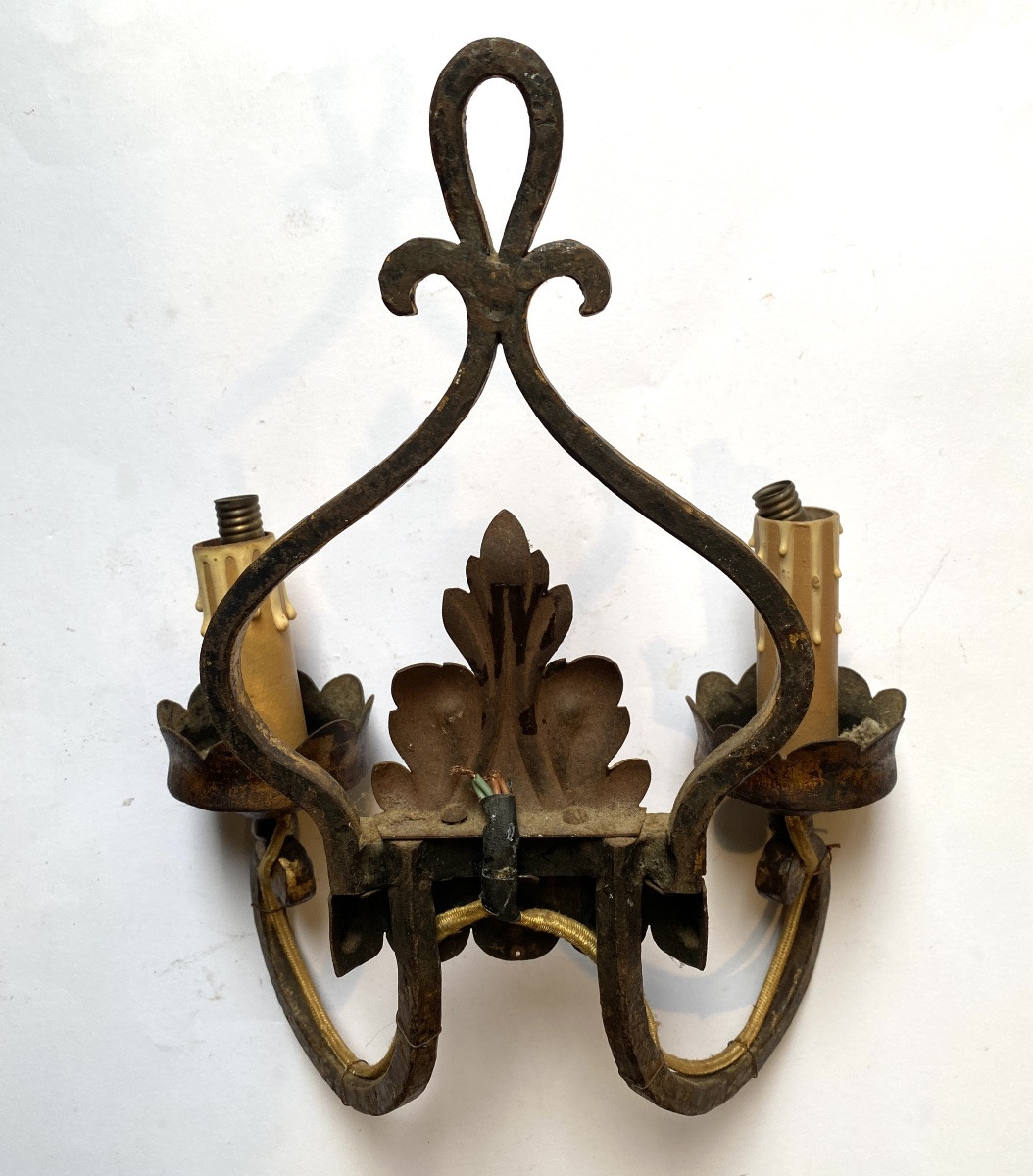 Pair Of Wrought Iron And Gilt Wall Lights, Mid-20th Century. -photo-2