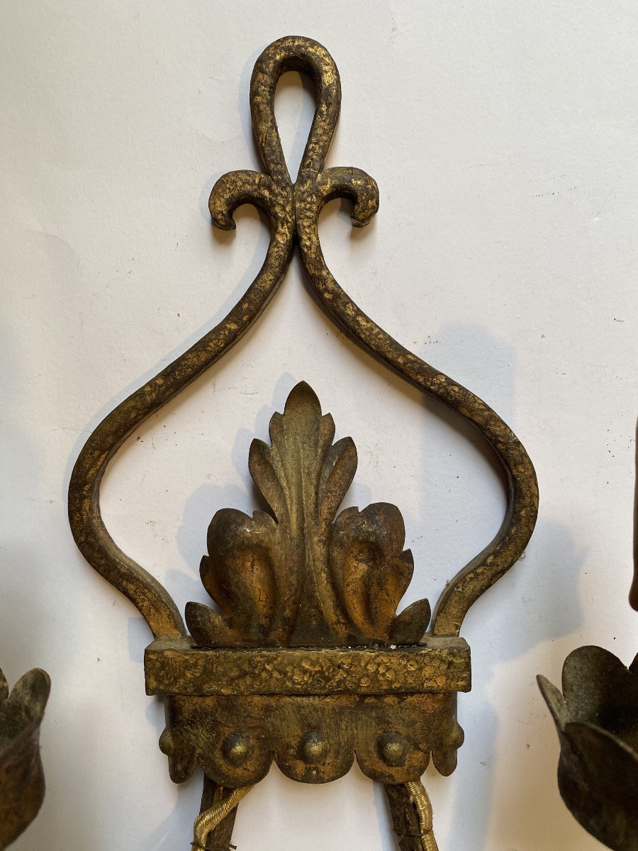 Pair Of Wrought Iron And Gilt Wall Lights, Mid-20th Century. -photo-3