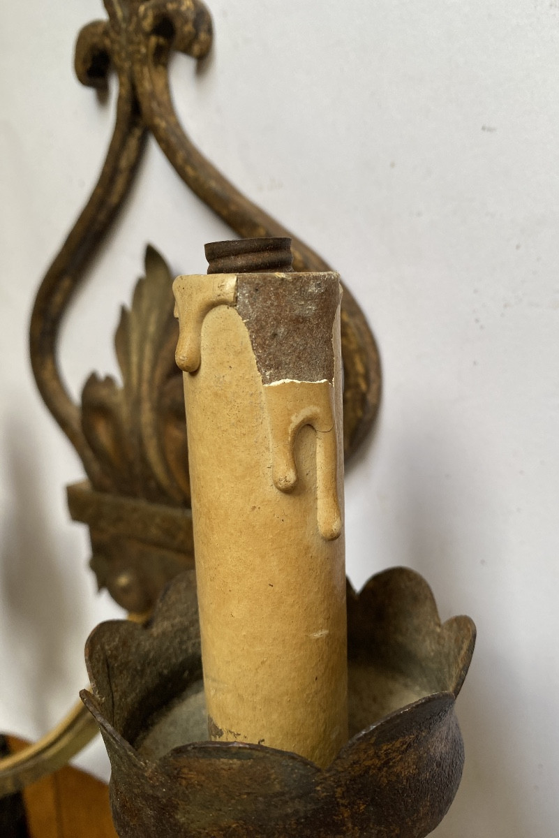 Pair Of Wrought Iron And Gilt Wall Lights, Mid-20th Century. -photo-4