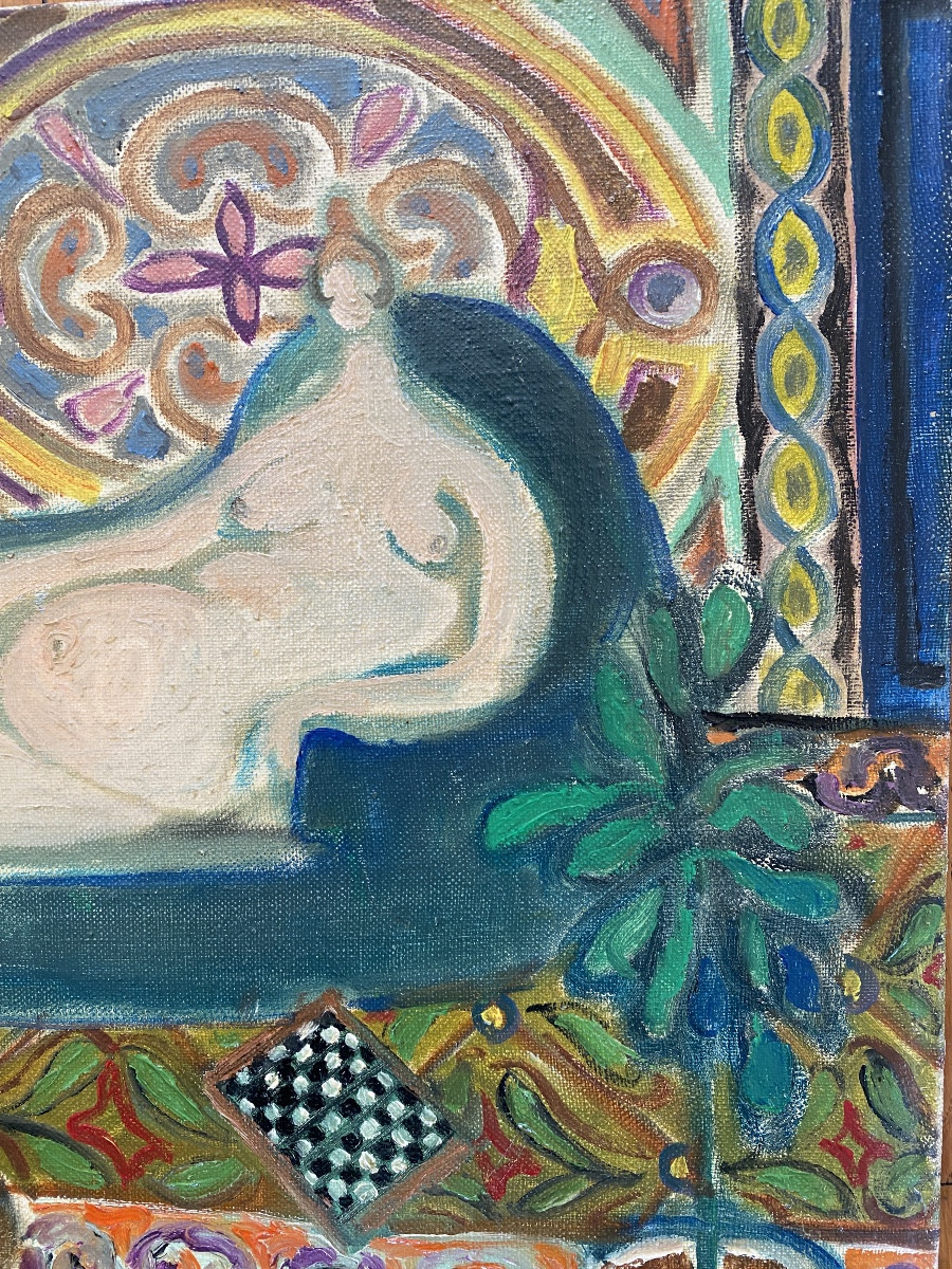 Claude Decaux. “ The Odalisque”. Framed Oil On Canvas. 1972.-photo-3