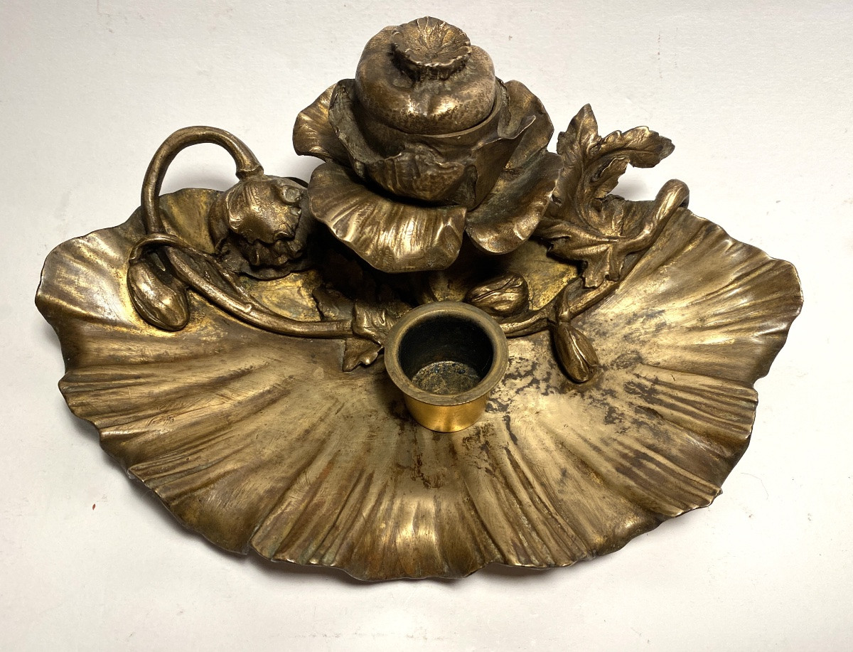 Anton Heingle. Art Nouveau Bronze Inkwell. Poppy Flowers. -photo-3