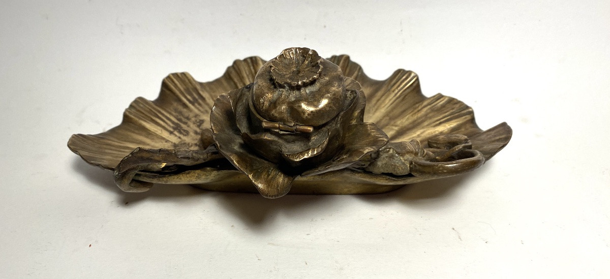 Anton Heingle. Art Nouveau Bronze Inkwell. Poppy Flowers. -photo-4