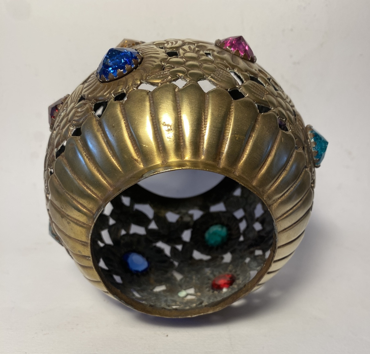 Lampshade For Candle Holder Or Nightlight. Early 20th. Pierced Brass And Jeweled With Glass. -photo-1