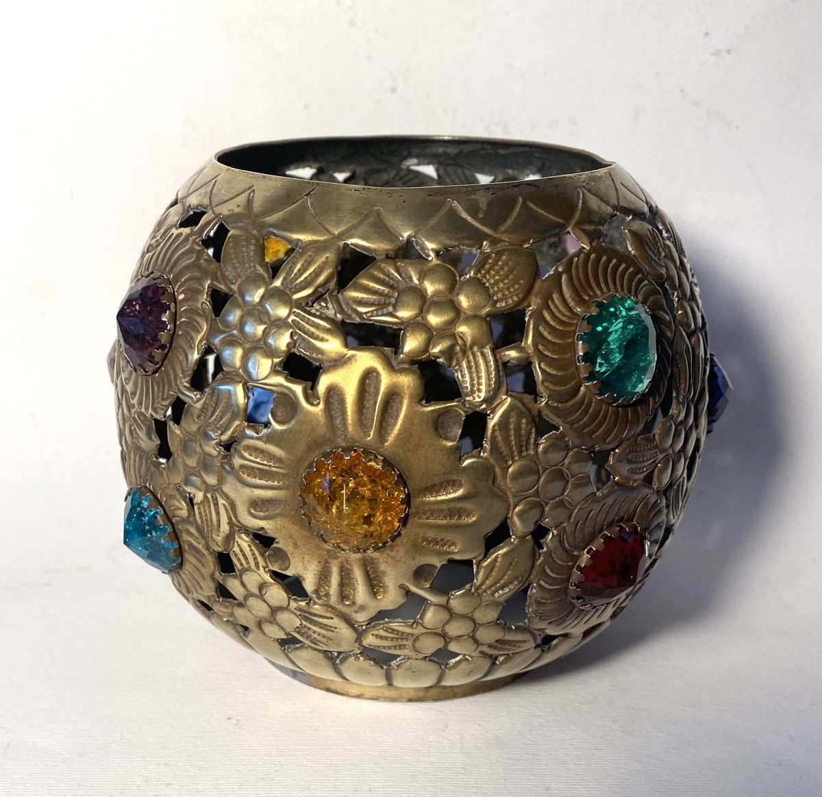 Lampshade For Candle Holder Or Nightlight. Early 20th. Pierced Brass And Jeweled With Glass. 