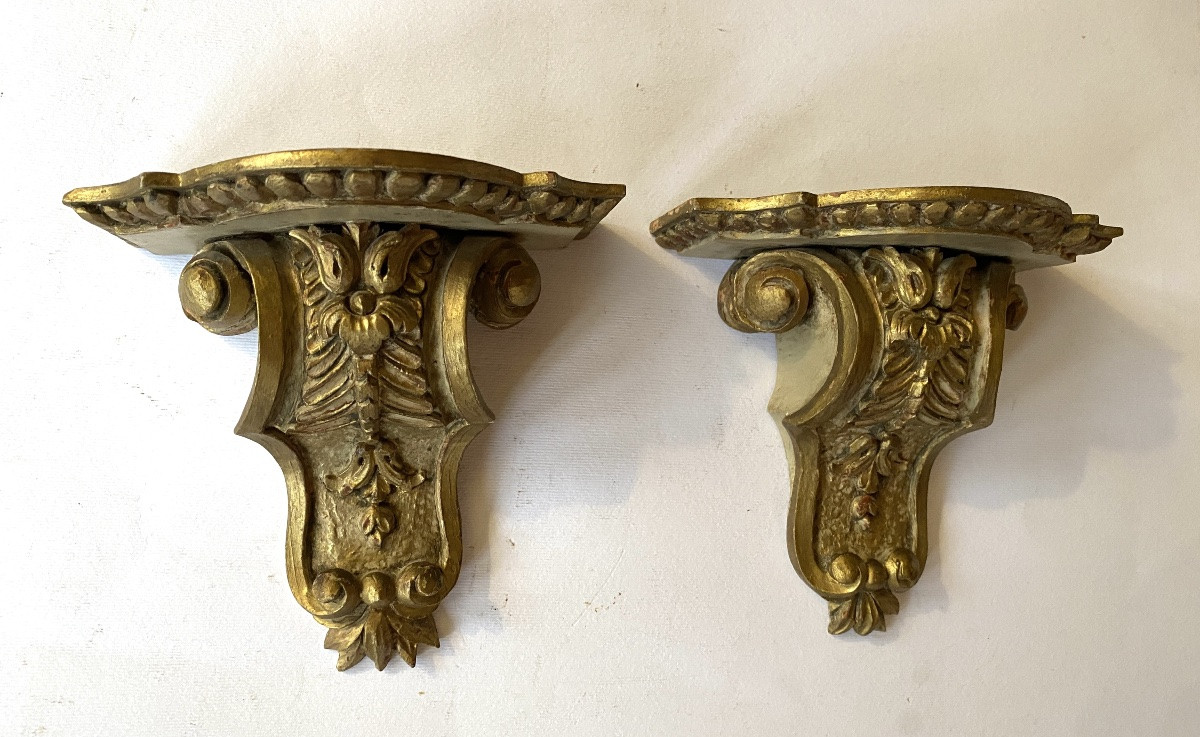 Paire de petites consoles d’applique  XIXème en bois sculpté et peint. -photo-2