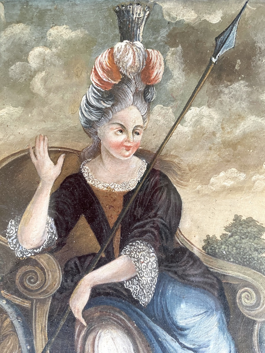 Pallas Athena ou Minerve sur son char. Gouache sur papier fin XVIIème/ début XVIIIème. -photo-2