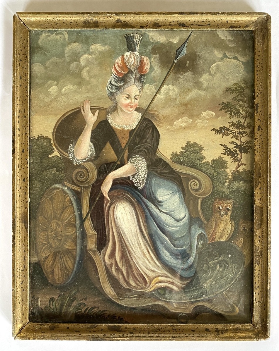 Pallas Athena ou Minerve sur son char. Gouache sur papier fin XVIIème/ début XVIIIème. 