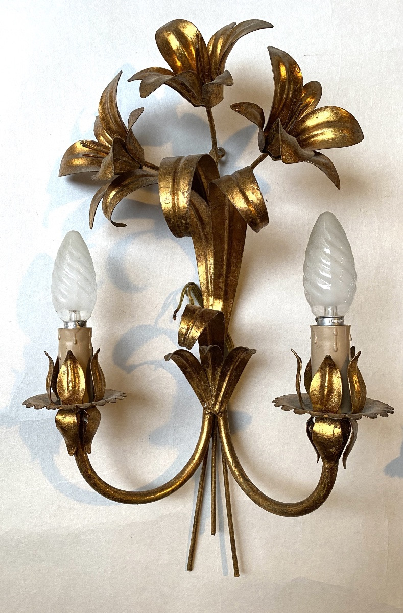Pair Of Gold-tone Metal Wall Lights. 1960s. Floral Design. -photo-3