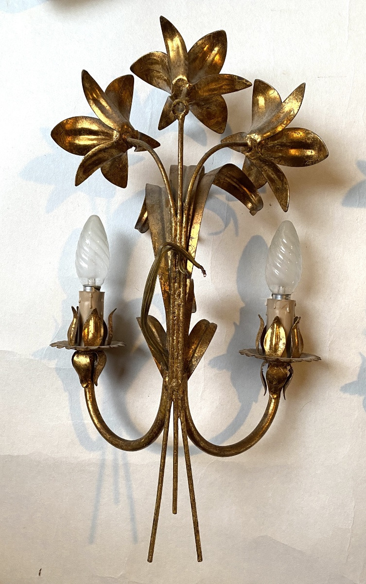 Pair Of Gold-tone Metal Wall Lights. 1960s. Floral Design. -photo-3