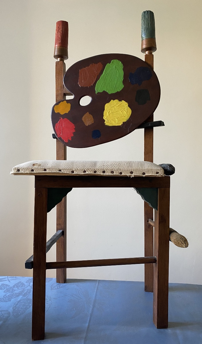 Curiosity. Painter's Chair. Palette, Canvas On Stretcher And Brushes. Unique Piece. From The 70's.-photo-2