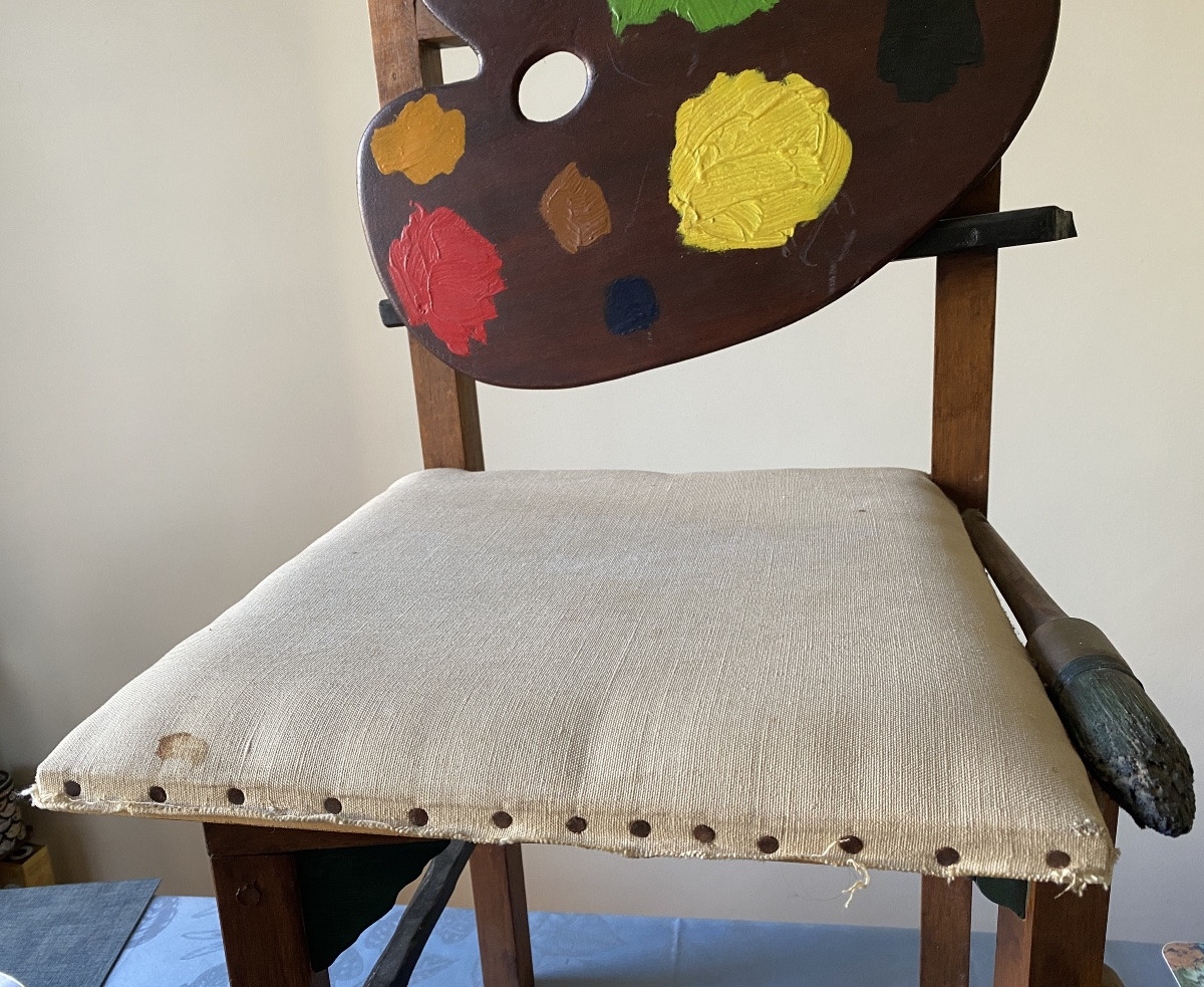 Curiosity. Painter's Chair. Palette, Canvas On Stretcher And Brushes. Unique Piece. From The 70's.-photo-3