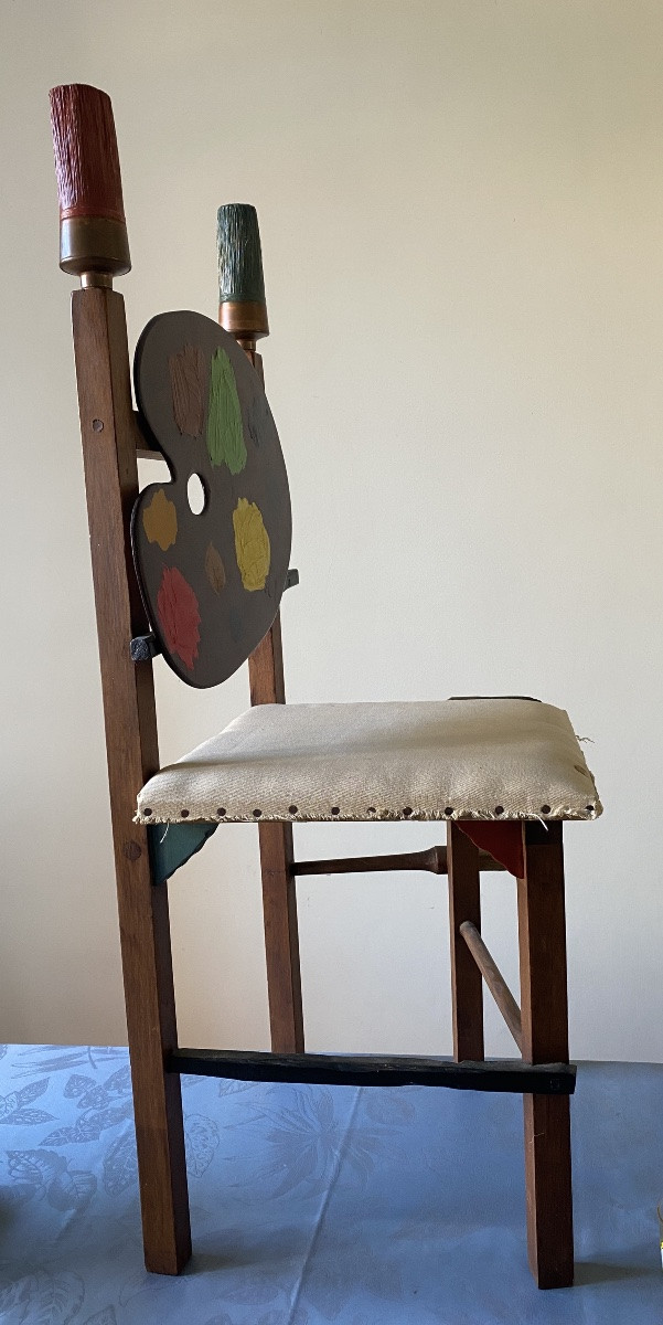 Curiosity. Painter's Chair. Palette, Canvas On Stretcher And Brushes. Unique Piece. From The 70's.-photo-2