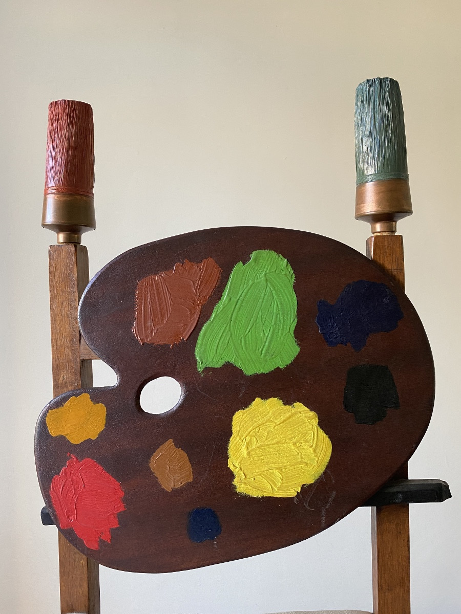 Curiosity. Painter's Chair. Palette, Canvas On Stretcher And Brushes. Unique Piece. From The 70's.-photo-3