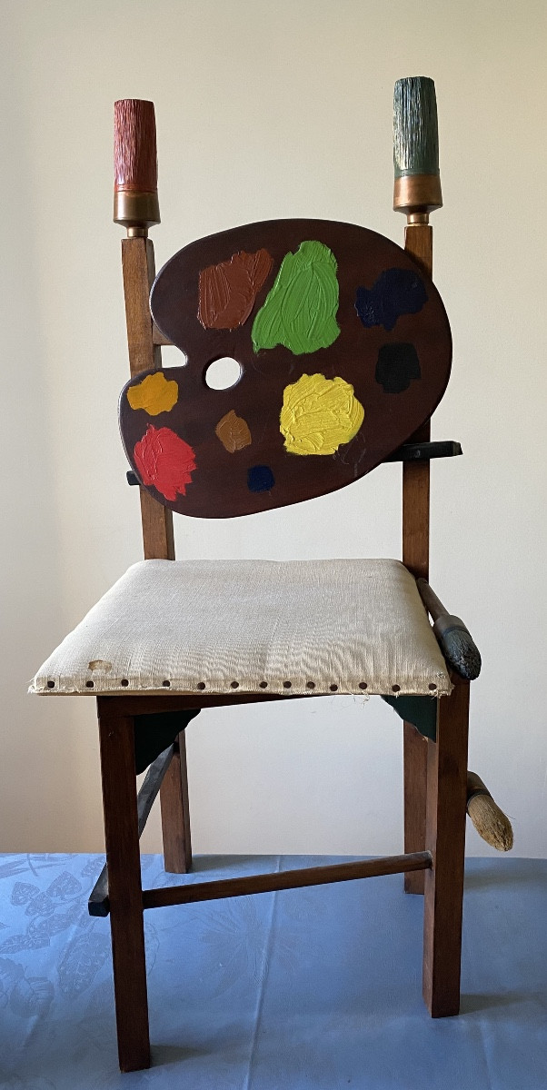Curiosity. Painter's Chair. Palette, Canvas On Stretcher And Brushes. Unique Piece. From The 70's.