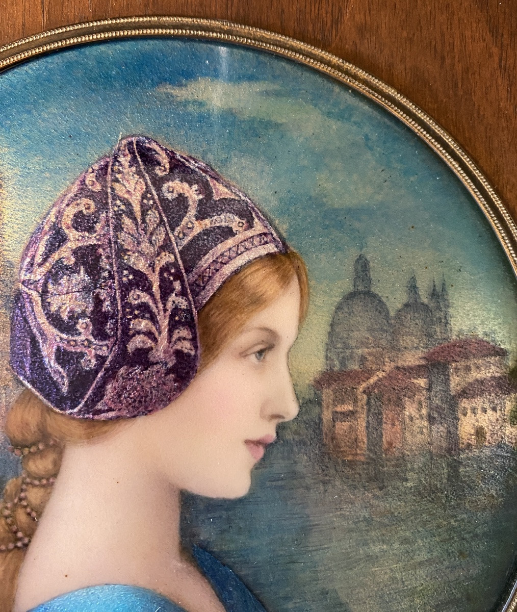 Paul Bonnaud. “ Portrait Of A Young Venetian Woman”. Art Nouveau Enamel Plaque. Symbolist.-photo-3