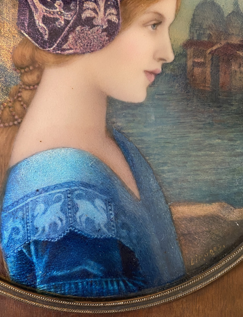 Paul Bonnaud. “ Portrait Of A Young Venetian Woman”. Art Nouveau Enamel Plaque. Symbolist.-photo-4