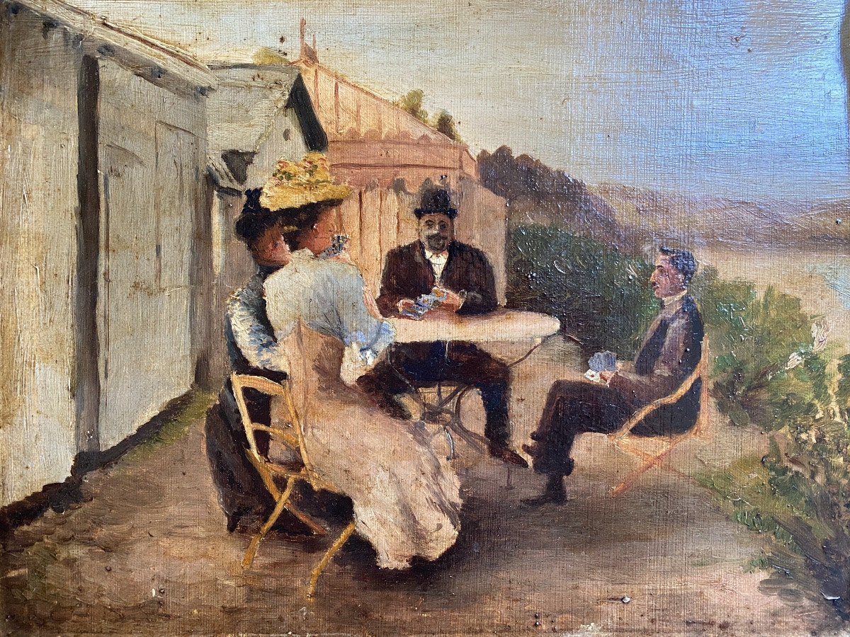 “playing Cards  By The Sea”. Framed Oil On Canvas Board. French School. Late XIXth. -photo-2