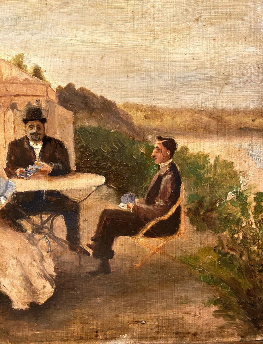 “playing Cards  By The Sea”. Framed Oil On Canvas Board. French School. Late XIXth. -photo-4