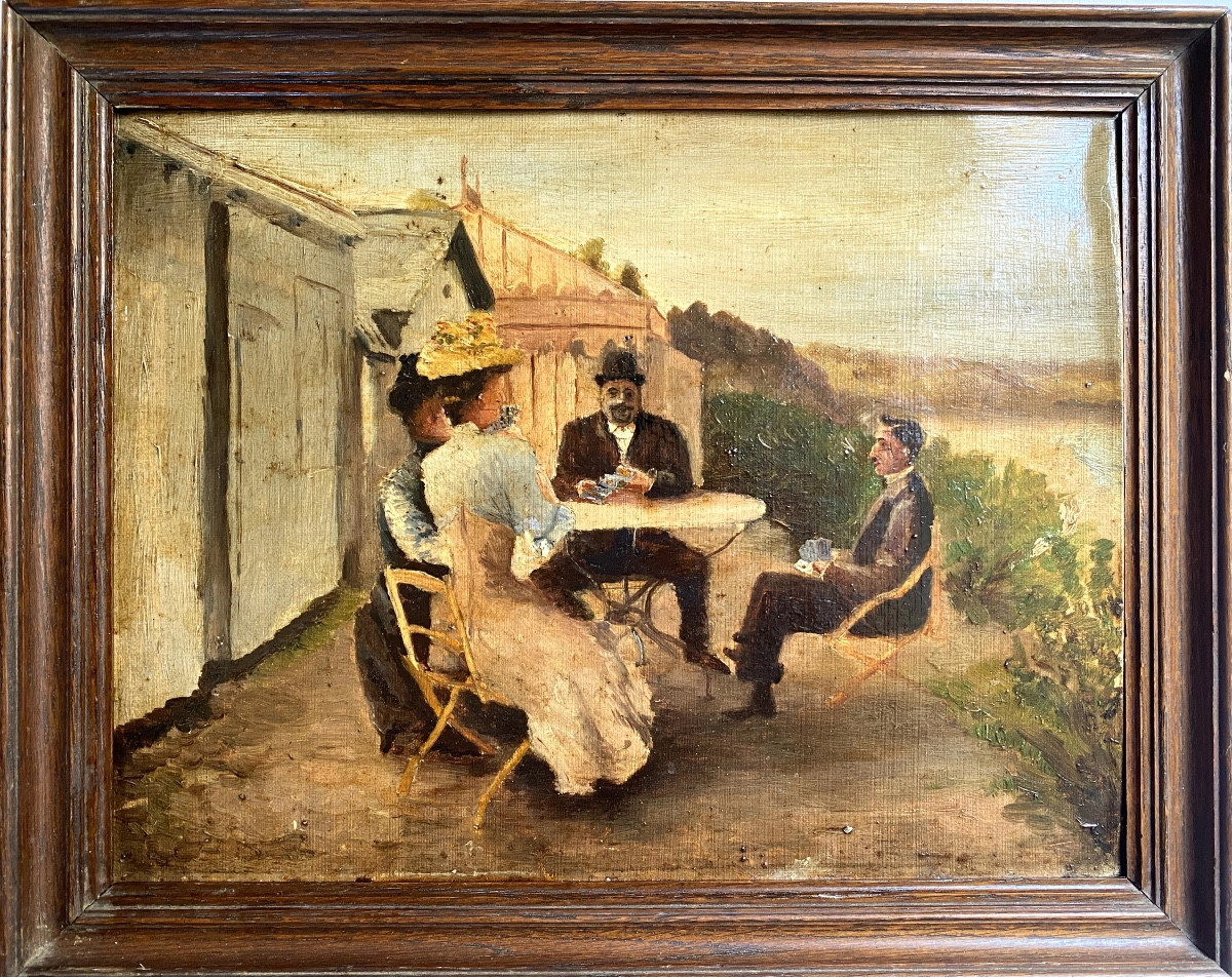“playing Cards  By The Sea”. Framed Oil On Canvas Board. French School. Late XIXth. 