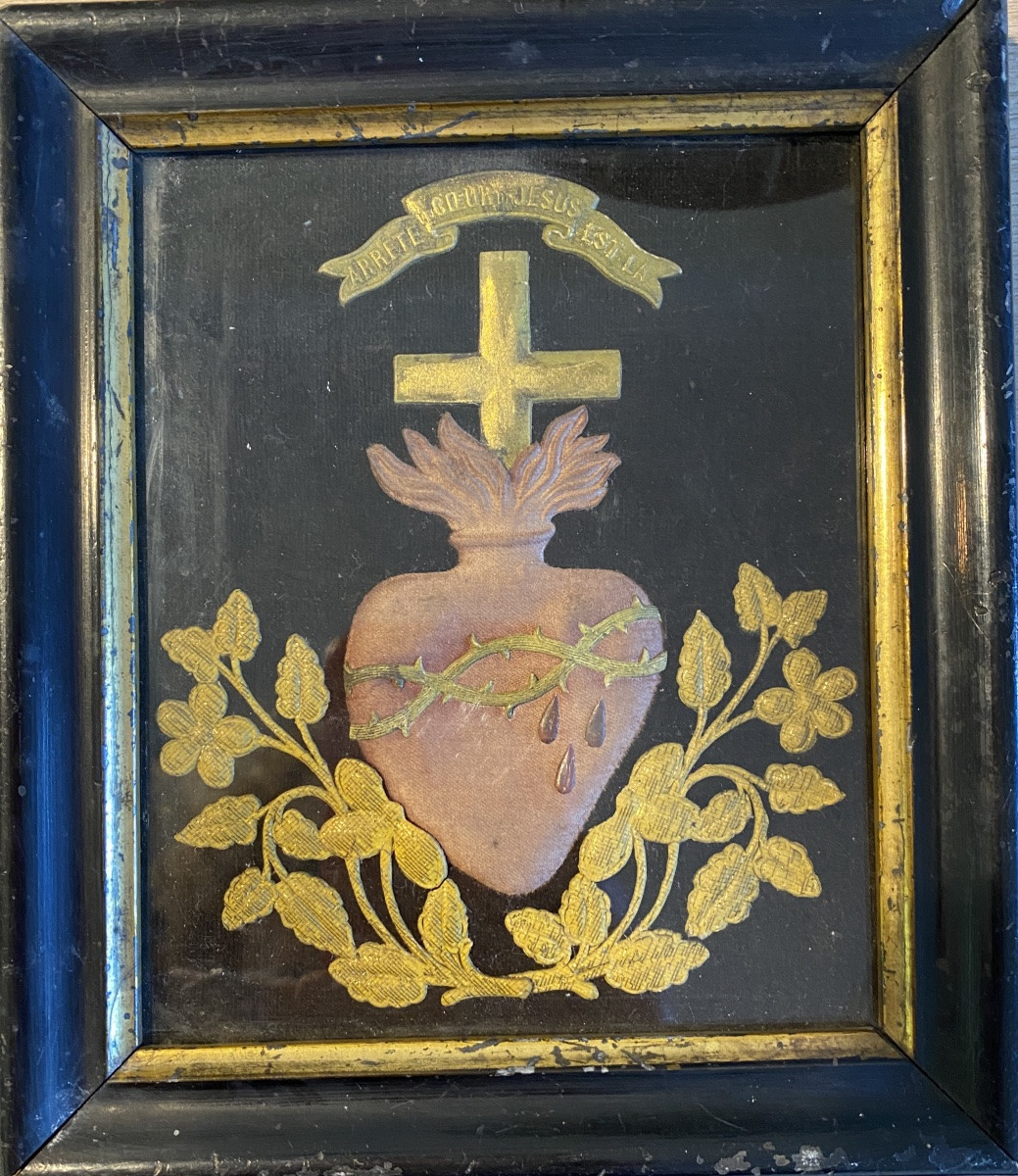 Ex-voto. Heart Of Jesus. Religious Embroidery On Black Velvet Background. 19th Century.-photo-2