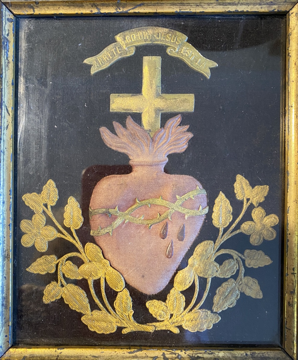 Ex-voto. Heart Of Jesus. Religious Embroidery On Black Velvet Background. 19th Century.-photo-3