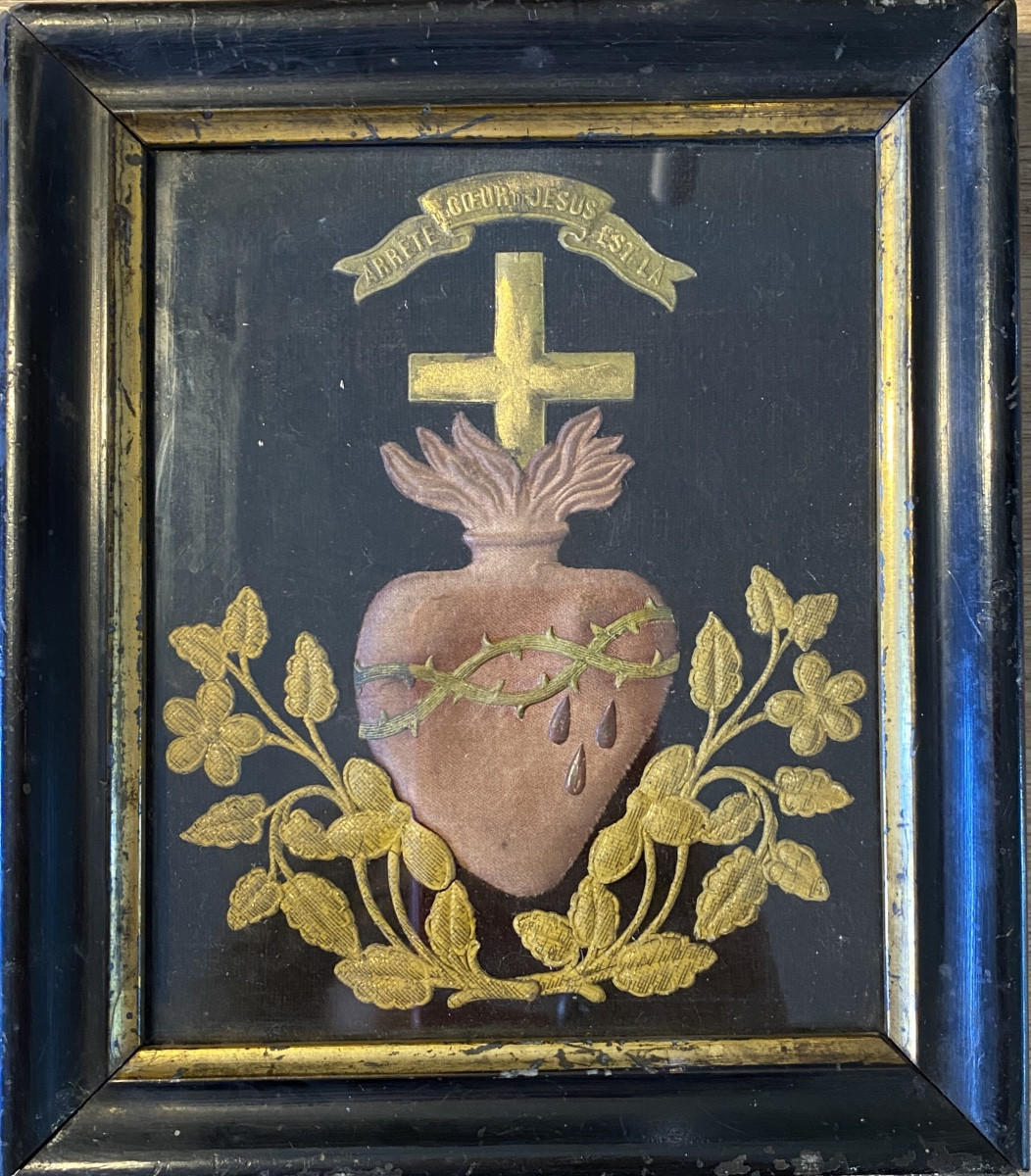 Ex-voto. Heart Of Jesus. Religious Embroidery On Black Velvet Background. 19th Century.