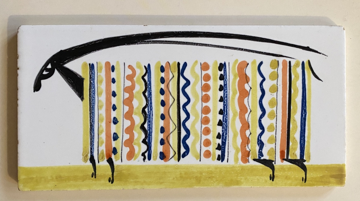 Roger Capron. Carreau de céramique milieu XXème. Décor caprin. 