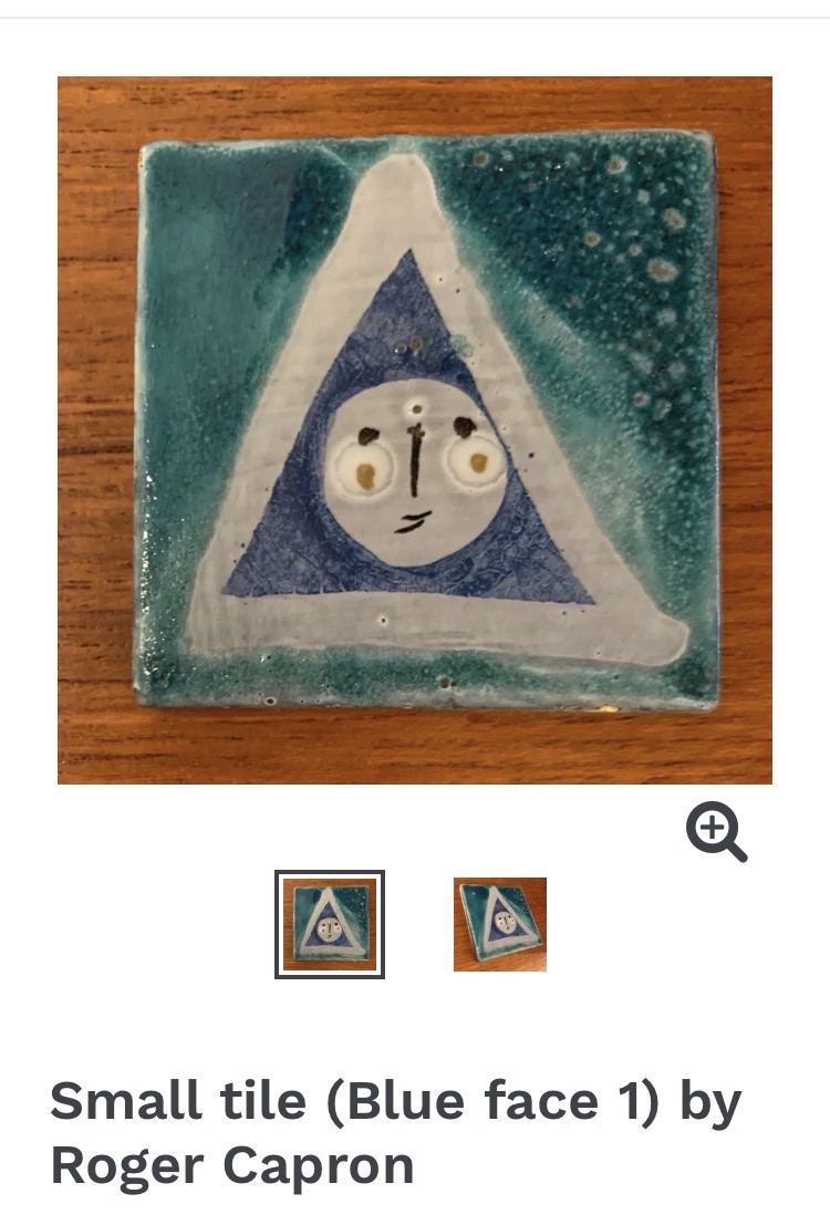 Roger Capron. Ceramic Tile, Mid 20th Century. Small Blue Face.-photo-4