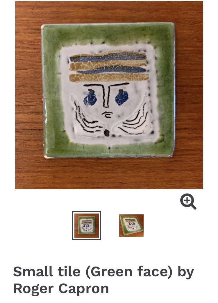 Roger Capron. Ceramic Tile, Mid 20th Century. Small Blue Face.-photo-1