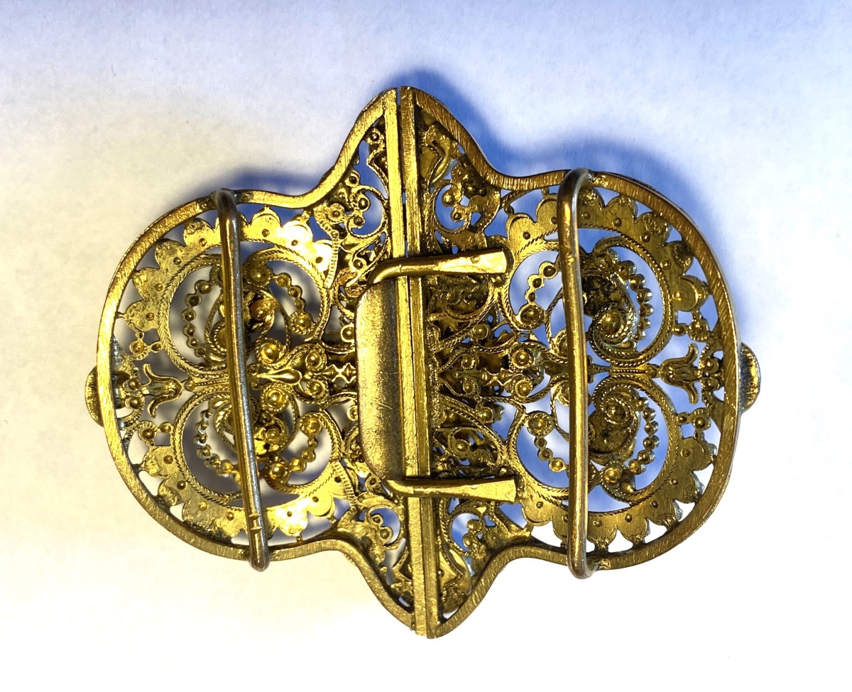 19th Belt Buckle. Gilded Metal With Bresse Enamels And Glass Paste Cabochons.-photo-2