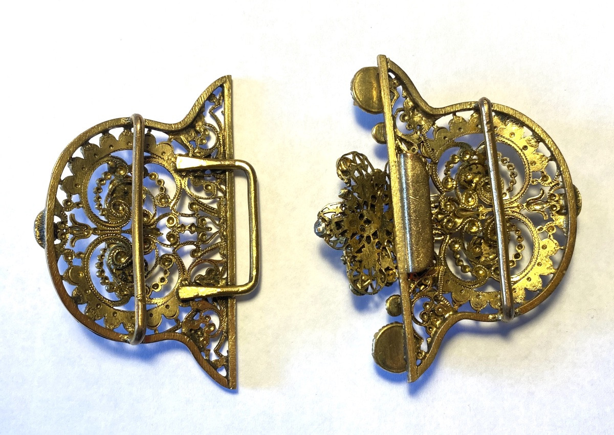 19th Belt Buckle. Gilded Metal With Bresse Enamels And Glass Paste Cabochons.-photo-3
