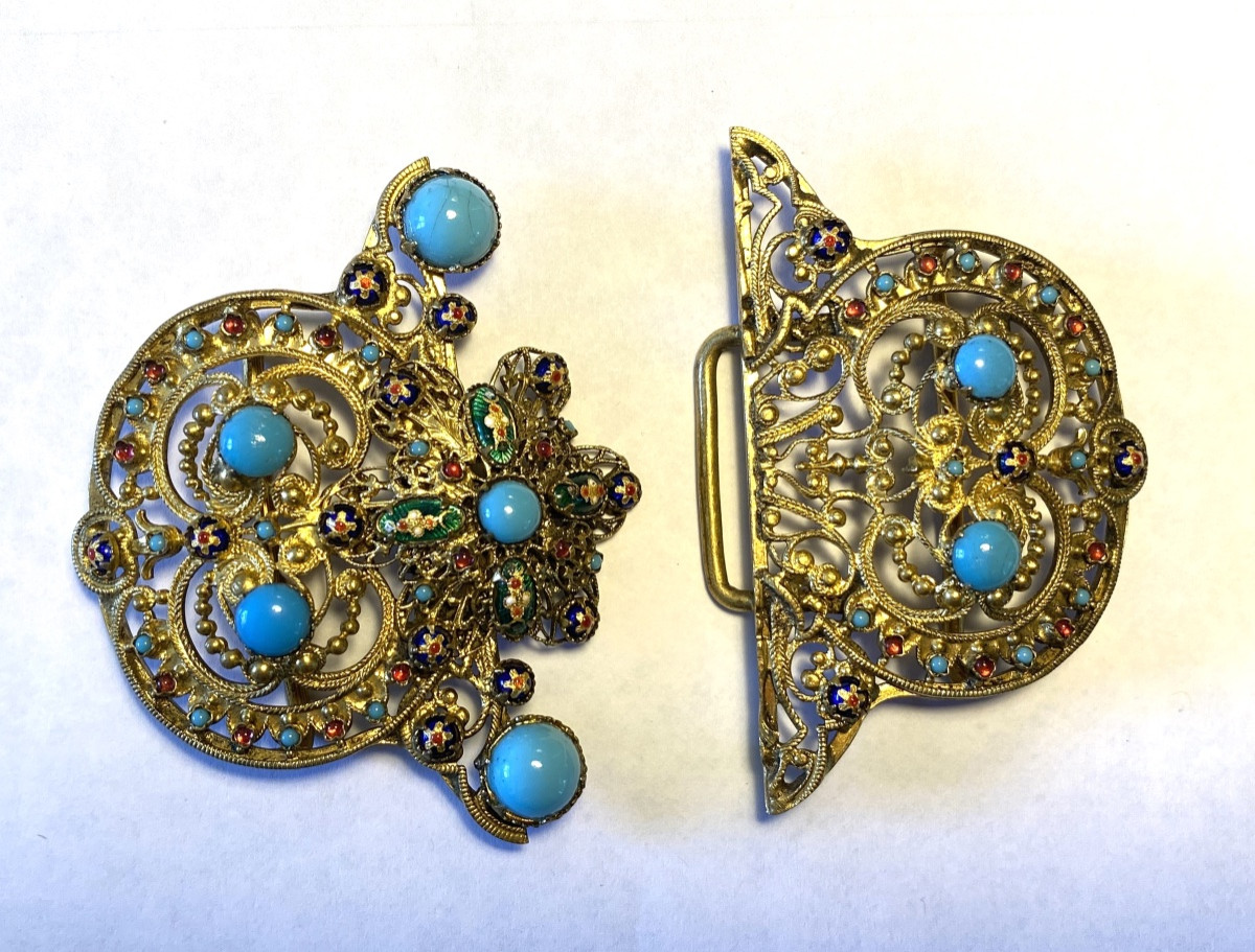 19th Belt Buckle. Gilded Metal With Bresse Enamels And Glass Paste Cabochons.-photo-4