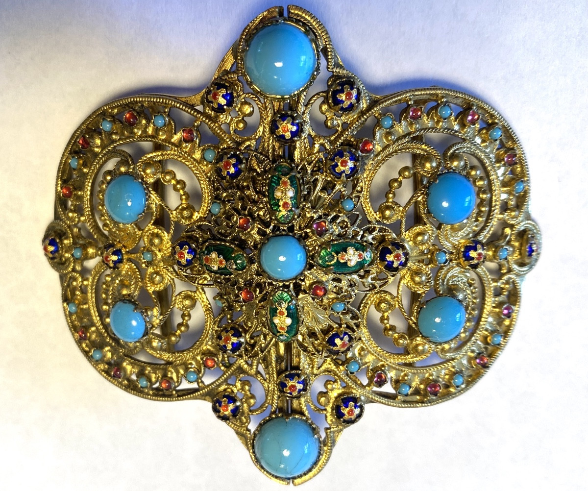 19th Belt Buckle. Gilded Metal With Bresse Enamels And Glass Paste Cabochons.