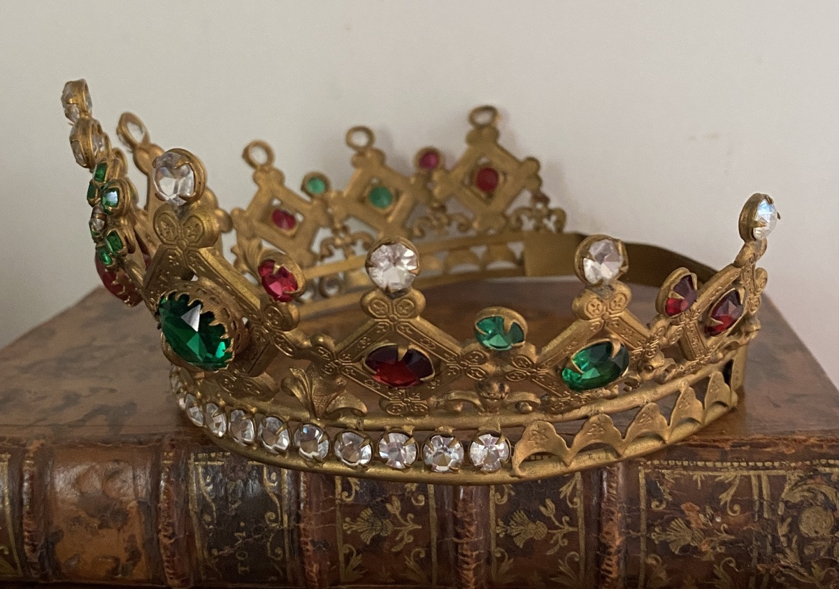 Madonna Crown Or Tiara, Mid-19th Century. Gilded Brass And Colored Rhinestones.-photo-2