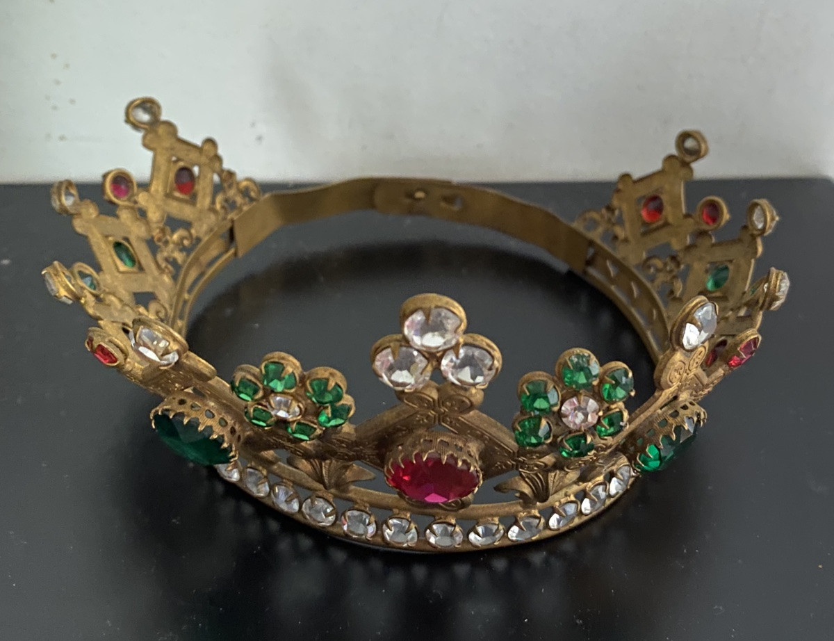 Madonna Crown Or Tiara, Mid-19th Century. Gilded Brass And Colored Rhinestones.-photo-4