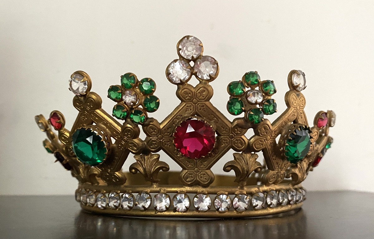 Madonna Crown Or Tiara, Mid-19th Century. Gilded Brass And Colored Rhinestones.-photo-1